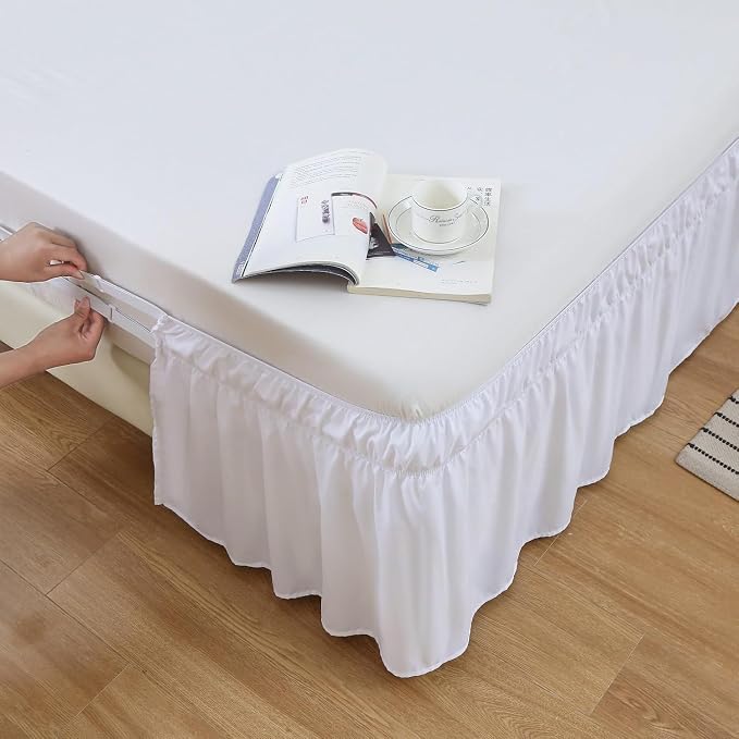 MEILA Wrap Around Elastic Bed Skirt for Twin & Full Beds, 12" Drop, White | Three-Side Adjustable Elastic Dust Ruffle, Ruffled Polyester Fabric, Easy to Install, Fade Resistant & Machine Washable