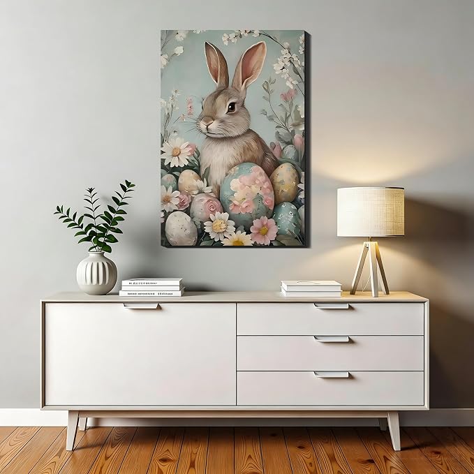 RIBNTAK Vintage Easter Bunny Eggs Wall Art, Colorful Rabbit Canvas Prints Wall Decor for Bedroom, Living Room,Bathroom, Bar, Office Classic, Rabbit Pictures Artwork & Farmhouse Easter Decor
