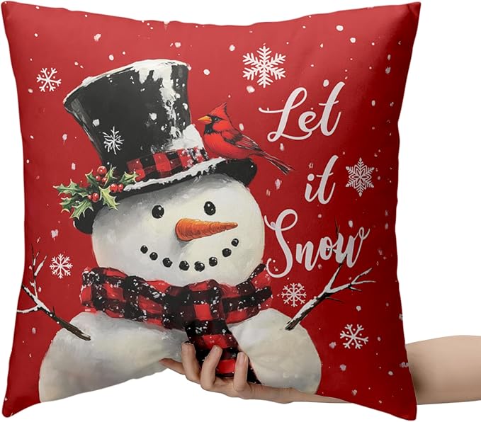 Red Christmas Pillow Covers Snowman Throw Pillow Covers Xmas Tree Pillow Case 22x22 Winter Snowflakes Cotton Blend Cushion Case for Holiday Decor Couch Sofa 2 Pack