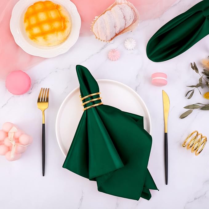 MCEAST Satin Cloth Napkins and Napkin Rings Set of 8, Smooth Fabric Table Napkins and Napkin Holder for Wedding, Birthday Dinner Party, Family Gatherings, Table Decor (Dark Green, 17 x 17 Inches)