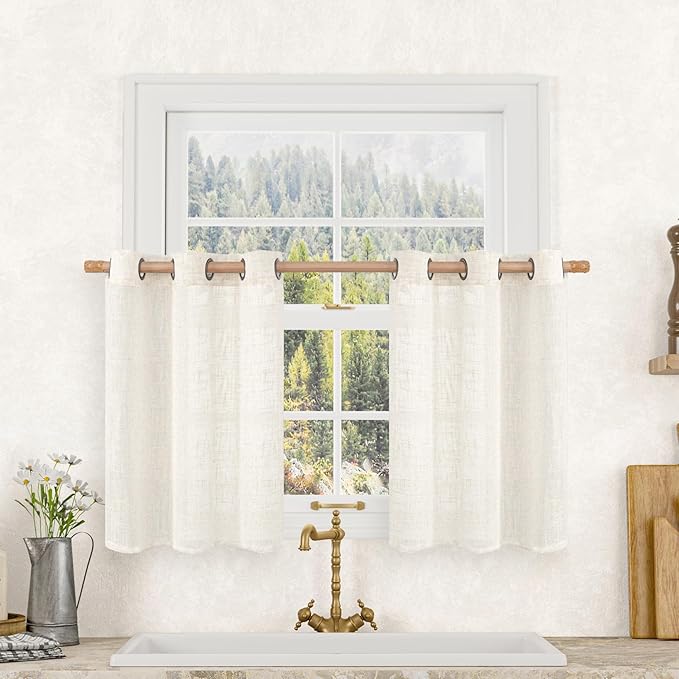 Short Sheer Linen Curtains 30 inches Long for Half Windows 2 Panels | Cream, Light Filtering, Curtains for Bathroom, Kitchen, Cafe, Neutral Boho Drapes, Bronze Grommet, 2 Panels, 34 x 30 Inch