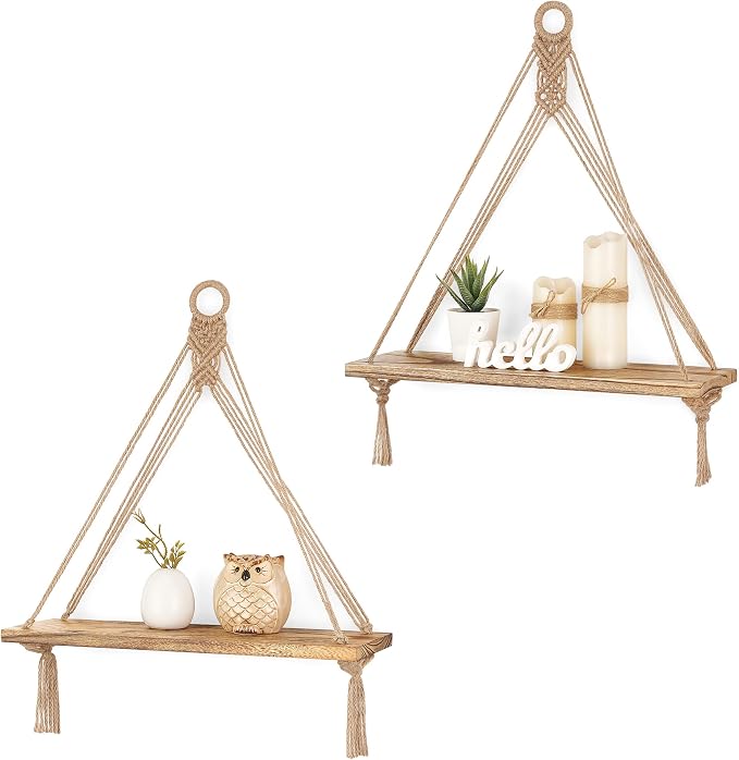 Mkono Macrame Hanging Shelves Boho Wall Decor Set of 2 Floating Wood Shelf