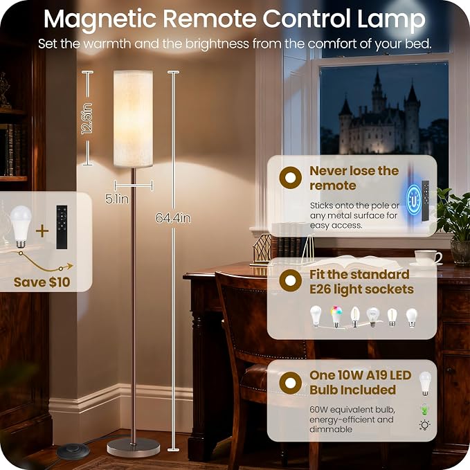 Dimmable Floor Lamps for Living Room with Remote and Foot Switch, 64.4” Modern Standing Tall Lamp, Corner Lamp for Bedroom, Bulb Included, 3000K-6500K, White and Brown VCW06LD05W1
