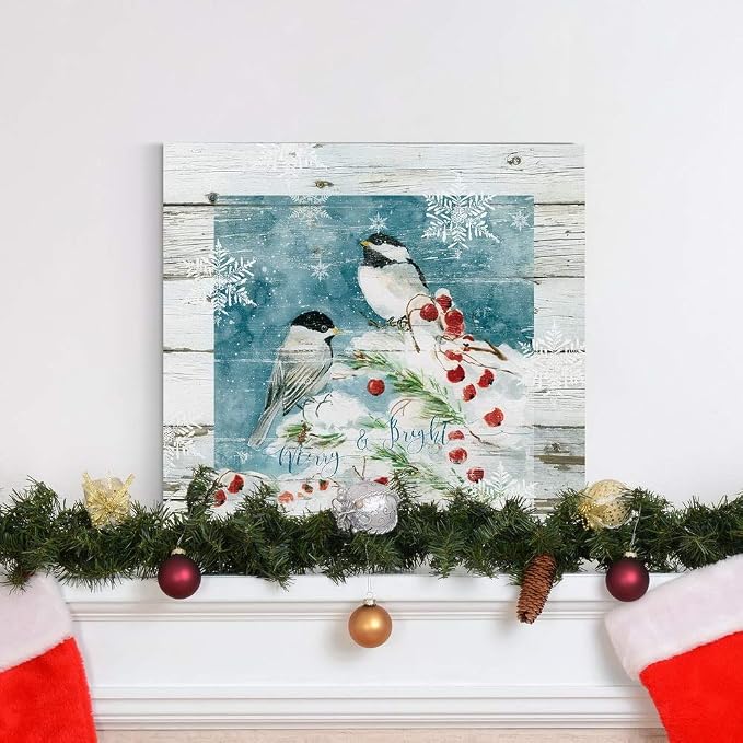 Renditions Gallery Christmas Abstract Wall Art Bright Merry Chickadees on White Snowed Cherry Trees Canvas Hanging Artwork Prints for Bedroom Office Home Kitchen - 10"X10" LT05