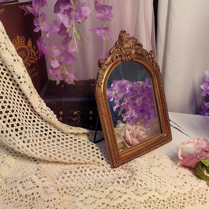 Bronze Vintage Vanity Desk Makeup Mirror Antique Decorative Wall Mirror,Resin Carved Arched Mirror for Living Room,Bedroom Dresser,Home Decor ﻿ (Medium)
