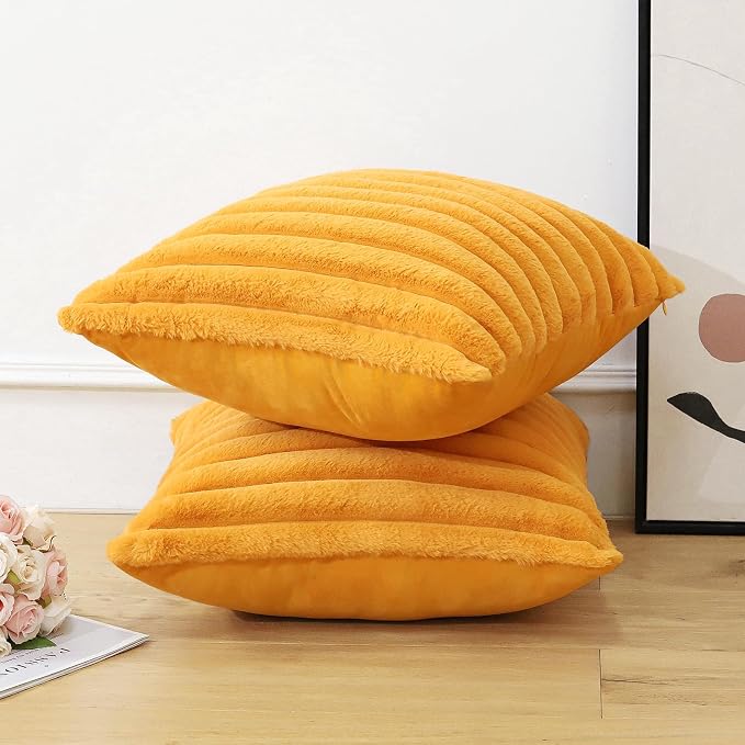 Soleebee Set of 2 Throw Pillow Covers Soft Cozy Velvet Pillowcase Faux Rabbit Fur Cover for Couch Sofa Bed Chair Home Decorative Pillows Cover (22x22 Inch, Mustard Yellow)