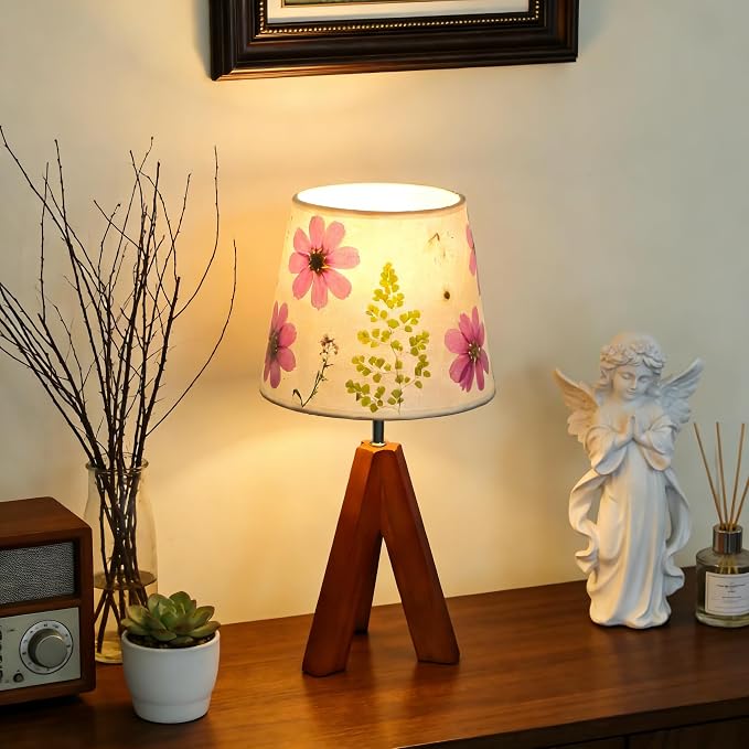 Dried Flowers Tripod Table Lamp 14.17in, 9W LED 3-Color Cute Bedside Lamp with Flowers Linen Lampshade for Nursery, Bedroom, Kid Room, Living Room, Light Brown Wooden Base