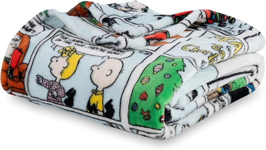 Berkshire Blanket Peanuts® VelvetLoft® Cute Character Snoopy Plush Oversized Throw Blanket, Peanuts Christmas Comic Strip Colorized White (50in x 60in)