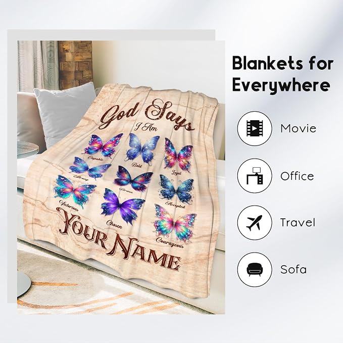 Personalized Butterfly Blanket With Name For Women, Girls & Kids - God Says I Am Fleece Fuzzy Throw For Couch, Inspirational Gift For Her & Daughter, 50"x60"