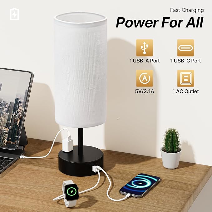 KPQ Bedside Lamp Touch Control Table Lamp with USB A+C Charging Ports & AC Outlet 3-Way Dimmable Nightstand Lamp with Linen Fabric Shade (White Shade-Black Base, 14" Small Size Touch Control)