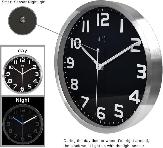 HITO 12 Inch Night Light Wall Clock Battery Operated Brightness Adjustable, Metal Frame, Glass Cover(Hands Illuminate)