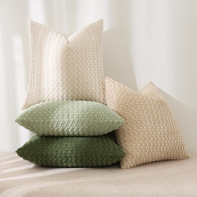 Kevin Textile Spring Throw Pillow Covers Pack of 4 Super Soft Boho Corduroy Decor Pillow Cases Mix and Match Colors Plush Texture Accent Pillows for Sofa Couch Living Room Chair 20x20 Inch, Green