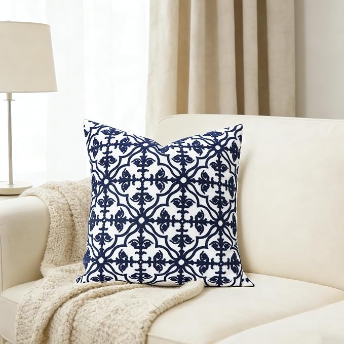 Slow Cow Throw Pillow Cover Navy Blue Embroidery Canvas Throw Pillow Cover for Couch Bed Sofa Navy Geometric Cushion Cover 18 x18 Inches