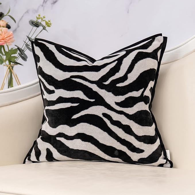 Yangest Black Square Pillow Cover Cut Velvet Zebra Print Cushion Cover Luxury Modern Pillowcover for Couch Living Room Bedroom, 20x20 Inch