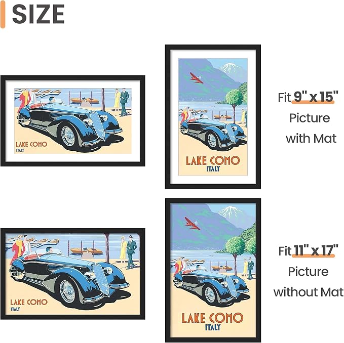 upsimples 11x17 Picture Frame Set of 10, Display Pictures 9x15 with Mat or 11x17 Without, Multi Photo Frames Collage for Wall Display, Black
