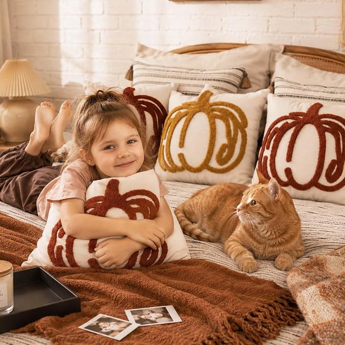 ONFAON Embroidered Fall Pumpkin Pillow Covers 18x18 Inch Set of 2 | Autumn Decor Throw Pillow Cover, Halloween Farmhouse Home Decor Throw Cushion Cases for Living Room Couch Sofa Bed