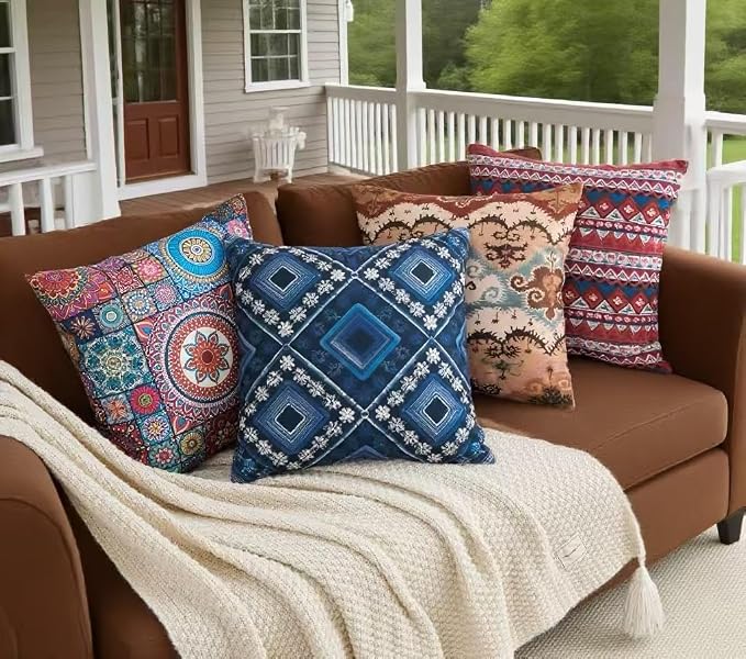 Couch Bohemian Patterned Throw Pillow Covers 20X20 Inch Set of 4 Square Farmhouse Decorative Cushion Covers Boho Vintage Pillow Cases for Sofa Living Room Bedroom Outdoor Patio Porch