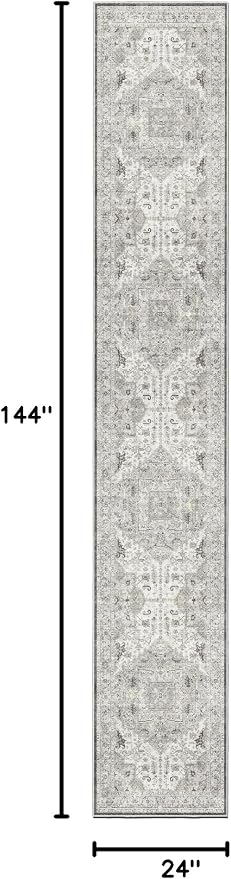 Madane Washable Runner Rugs 2x12 Long for Hallway Kitchen Soft, Ivory/Brown | Non-Slip Vintage Printed 12ft Rug Runners with Rubber Backing, Low-Pile Floor Carpet Laundry Room Entryway, Corridor