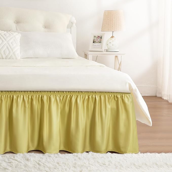 Gold Green Bed Skirt Queen Size 15" Drop, Elastic Wrap Around Bedskirt | Solid Ruffled, Easy to Use, No Mattress Lifting, Wrinkle & Fade Resistant, with Adhesive Strips, Machine Wash/Dry/Iron