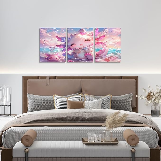 Feelyou Kids Cute Axolotl Canvas Wall Art for Living Room Bedroom Ocean Sealife Wall Painting Posters Boys Girls Kawaii Cartoon Animal Picture Wall Decor Beach Bathroom Wall Art 12"x16"x 3Pcs