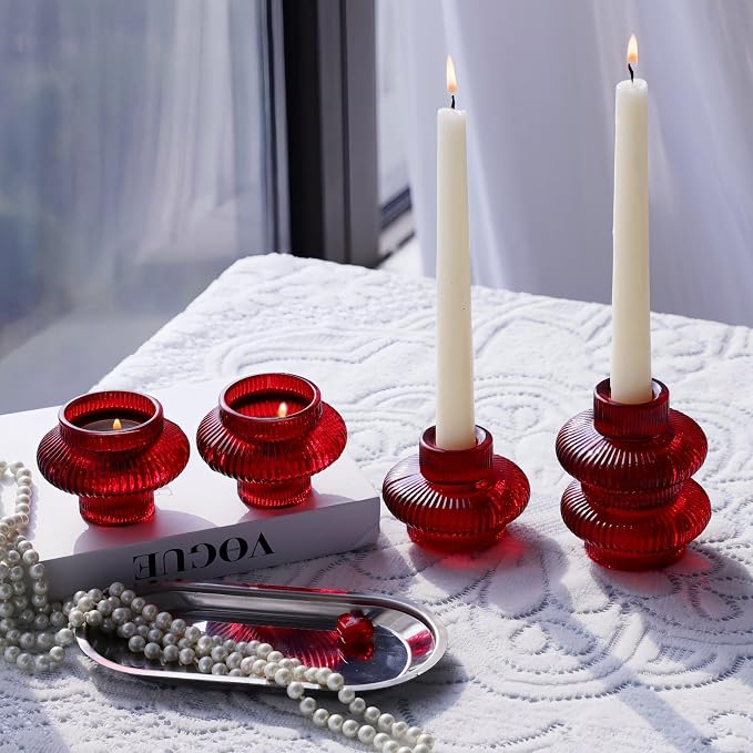 VOHO 6pcs Red Candlestick Holders for Valentines Day Christmas Decorations