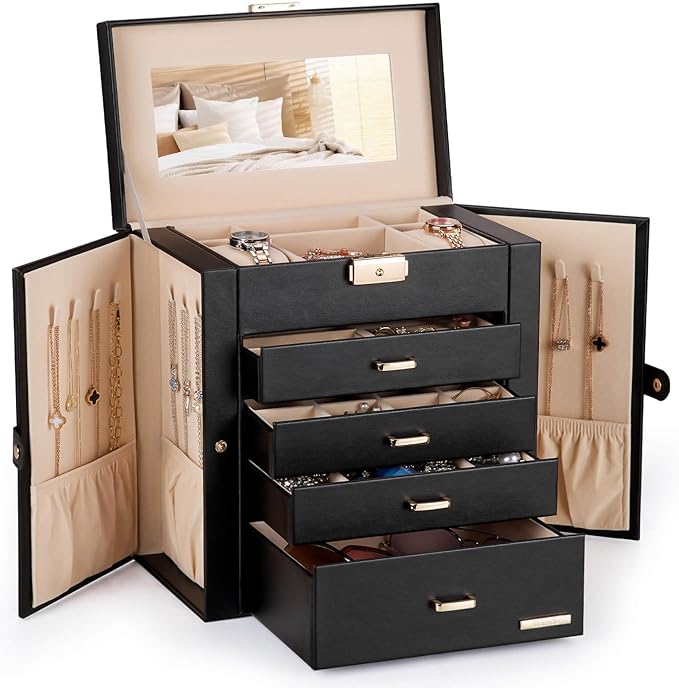 Homde Large Jewelry Box for Women: 5-Layer Organizer with Lock for Dresser | Separated Storage for Necklace Earring Ring Watch to Sort Daily Jewelry - Keep Vanities Tidy - Suitable for Birthday Gift