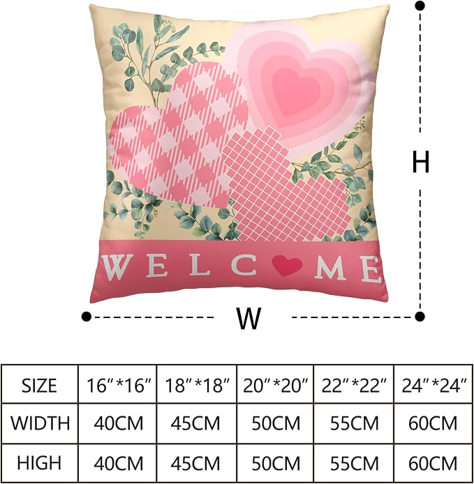 Spring Pillow Covers 18x18 Set of 2 Pink Heart Throw Pillow Covers Hearts with Eucalyptus Decorative Pillow Case Cushion Case for Couch Sofa