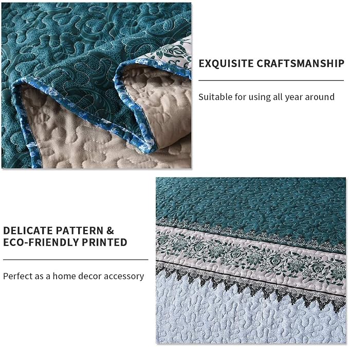 Travan 3-Piece King Quilt Set Quilted Bedspread Oversized Microfiber Soft Lightweight Bedding Set with Shams for All Season, Blue Ocean, King Size