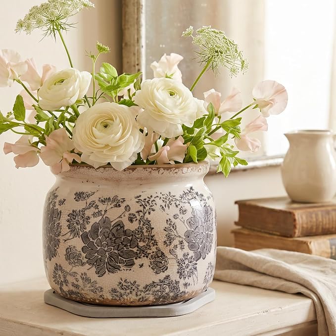 Rustic Ceramic Plant Pot with Decorative Saucer, Gifts for Plant Lovers | 7.7" Large Indoor Flower Pot, Handmade Vintage Crackled Glaze Planter, Farmhouse Country Home Decor, Gardening Gifts