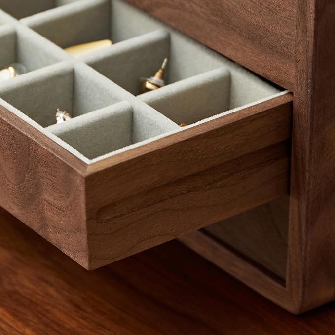 Wooden Jewelry Box, Large, Black Walnut Wood | For Women & Men, Velvet Lined Organizer, 3 Drawers, Brass Handles, Earring Ring Necklace Storage