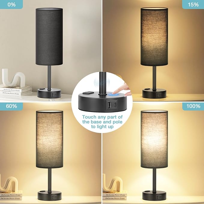 Fenmzee Black Bedside Lamp for Bedroom, Dimmable Touch, USB A+C, AC Outlet