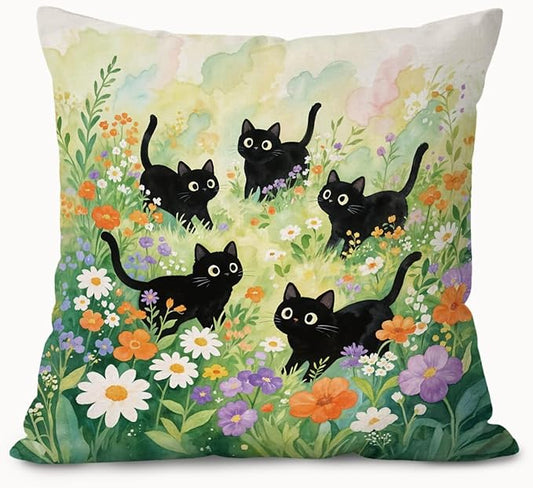 Watercolor Floral Black Cat Pillow Covers 18x18, Cat Room Decor, Moody Cute Black Kitten Wildflower Botanical Decorative Throw Pillow Covers Pillowcases for Bedroom Living Room Home Decor