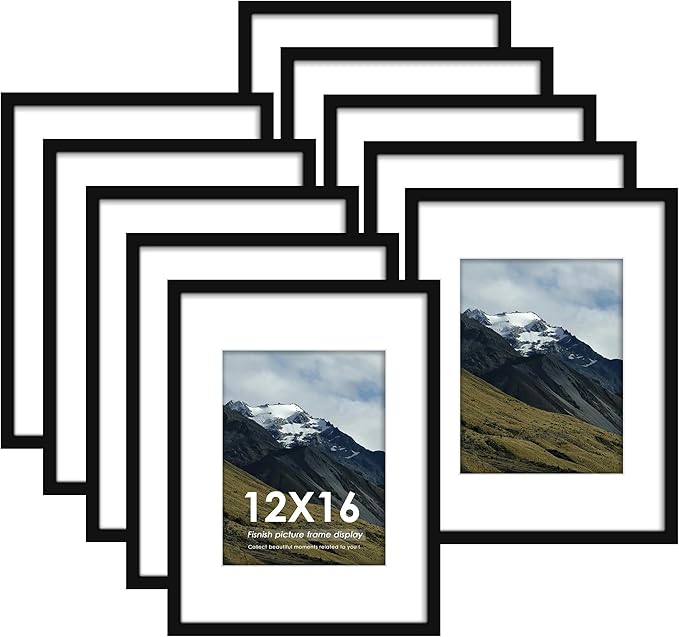 12x16 Picture Frame Sef of 10, for Wall Gallery Decor, Black | Display Pictures 8.5x11 with Mat or 12 x 16 Without Mat, Photo Frame Collage Wall Mounted
