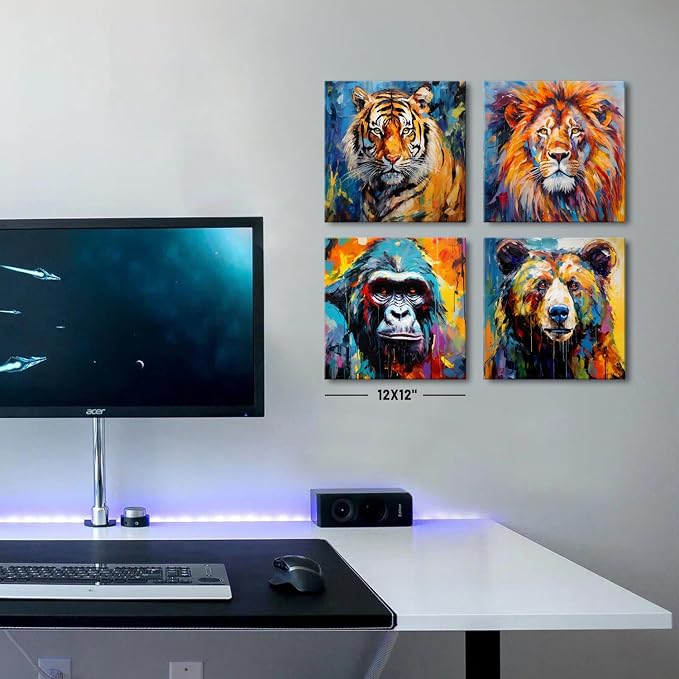 Graffiti Lion Wall Art Colorful Animals Pictures for Living Room Texture Chimpanzees Bear Tiger Wall Decor Kids Bedroom Abstract Forest Wildlife Artwork Living Room Nursery Home Decorations 12x12" 4P
