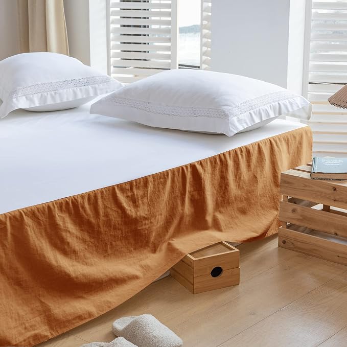 BISELINA French Linen Bed Skirt with Pleated Corner 14-Inch Tailored Drop Natural Flax Cotton Blend Basic Dust Ruffle Soft Cozy Farmhouse Bedding (14" King, Basic Rust)