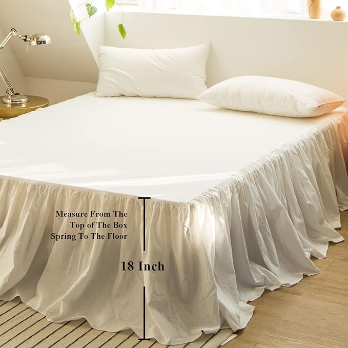 BISELINA French Linen Bed Skirt with Pleated Frills 18-Inch Tailored Drop Natural Flax Cotton Blend Dust Ruffle Soft Cozy Farmhouse Bedding (18" Twin, Ruffle White)