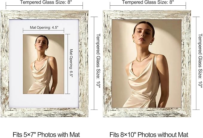 8x10 Picture Frame-Vintage White,5x7 Mat,Tempered Glass,Engineered Wood