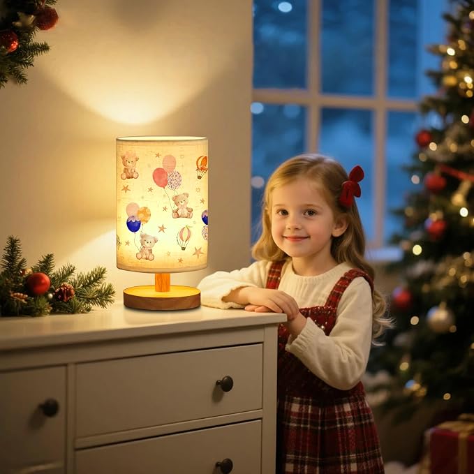 WSYEAR Bear Kids Table Lamp for Bedroom Kids Bedside Lamp with Linen Wooden Nightstand Cartoon Nursery Lampshade for Girls Boys Living Room