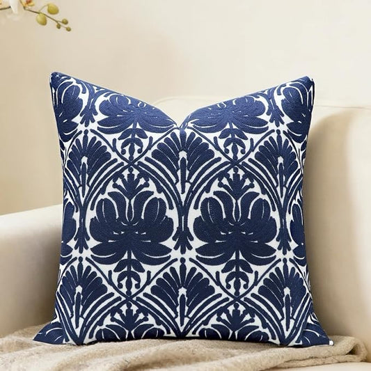 Slow Cow Embroidered Blue Throw Pillow Cover Geometric Decorative Cushion Covers for Sofa 18 x18 Inches