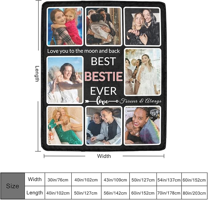 Gifts for Besties Customized Blanket with Photo, Make a Personalized Bestie Blankets with Picture, Custom Blanket Memories Souvenir for Best Bestie Ever, 8 Collage Made in USA