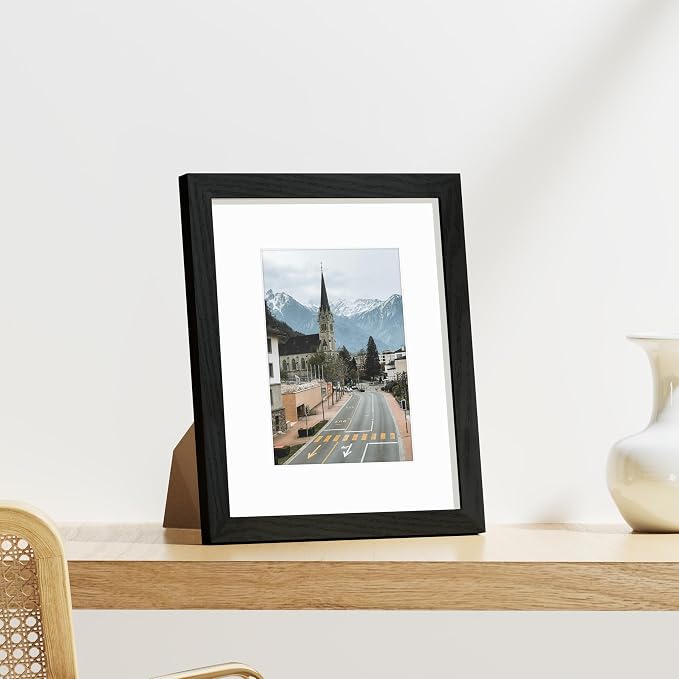 Vittanly 8x10 Picture Frames Set of 9, Display 5x7 Pictures with Mat or 8x10 without Mat, Photo Frames for Wall or Tabletop with Plexiglass, Engineered Wood, Black&Brown&Grey