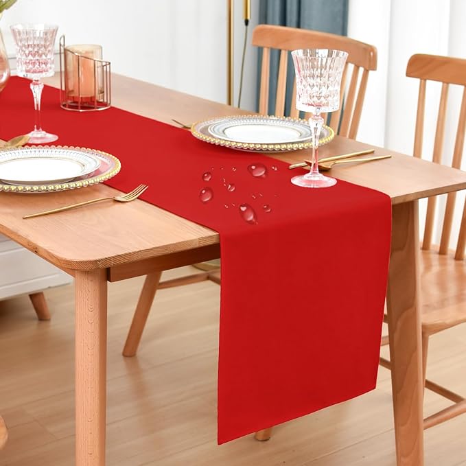 Faux Linen Table Runner Water Resistant 13 x 48 in, Red | Farmhouse Rustic Table Runners, Coffee Table Runner, Dresser Runners for Bedroom, Living Room, Kitchen, Dining, Party