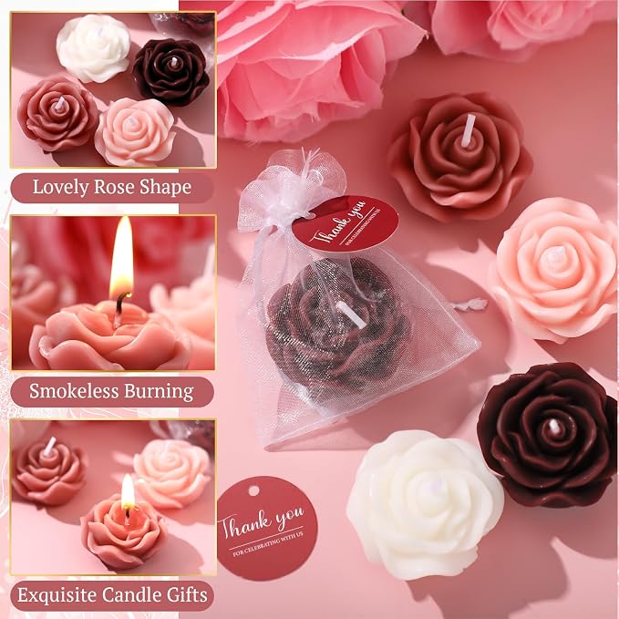 Treela 50 Set Rose Flower Candles, Burgundy Wedding Favors for Guests