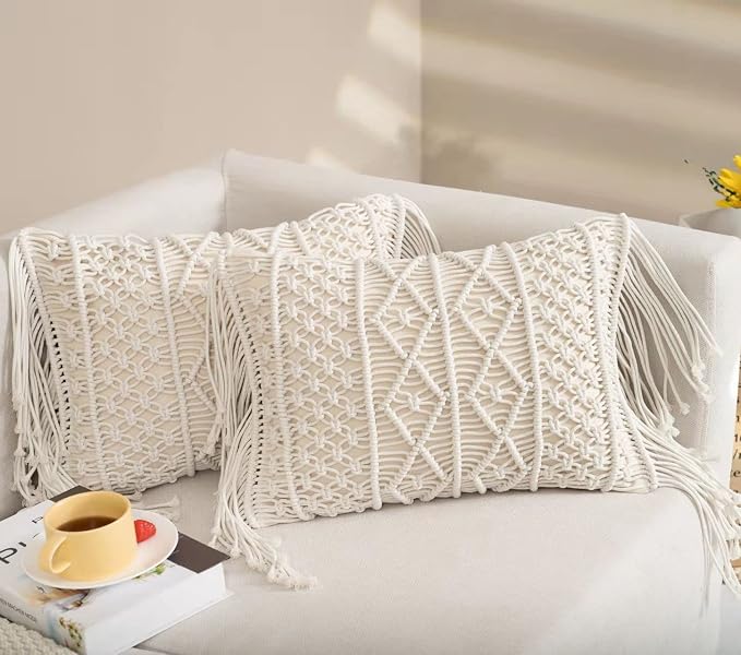 Macrame Lumbar Pillow Cover-Set of 2 with Tassels Rectangualr Cushion Covers Boho Throw Pillow Cover for Couch, Sofa, Bed, Farmhouse, Chair, Dining, Patio, Outdoor, car (B)