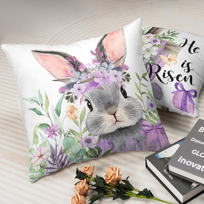 Purple Easter Bunny Pillow Covers 20x20 Inch Set of 2 Spring Decor