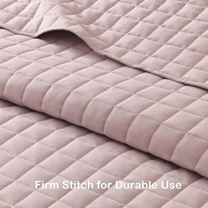 HORIMOTE HOME Dusty Pink Ruffled Quilt Set King Size, Classic Geometric Square Stitched Pattern, Pre-Washed Farmhouse Shabby Chic Microfiber Lightweight Bedding Set Bedspread Coverlet for All Season
