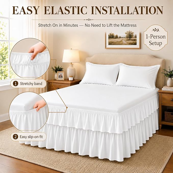 Vocander White Queen Bed Skirt 18 Inch Drop, Double Layer Dust Ruffle | Hides Storage, Double Layer Ruffle, Elastic Stays Put, Soft Fabric, Machine Washable, Elegant Look