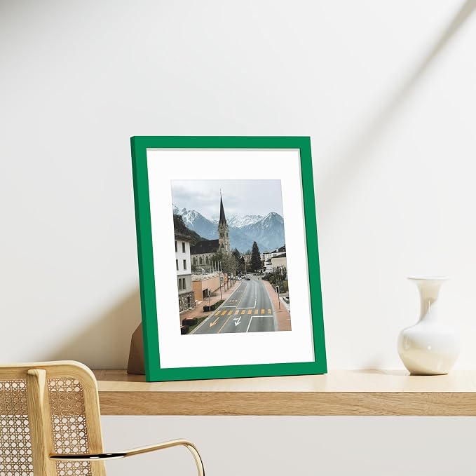 Vittanly 11x14 Picture Frames Set of 9 for Wall Mounting, Green | Display Pictures 8x10 with Mat or 11x14 without Mat, Engineered Wood with Shatter Resistant Plexiglass, Gallery Photo Frames