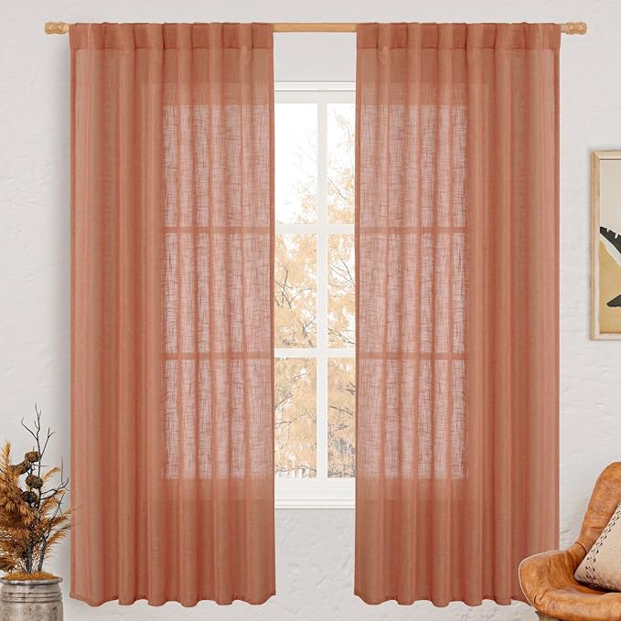 Terracotta 72 inch Semi Sheer Linen Curtains for Living Room | Linen Textured, Light Filtering, Semi Sheer Window Panels, Curtains for Bedroom, Rod Pocket Back Tab, 2 Panels, 52 x 72 Inch