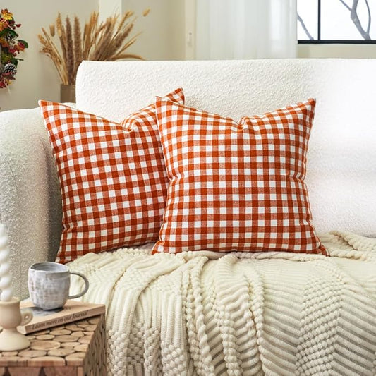 Fall Orange Plaid Gingham Checkered Outdoor Pillow Covers 18x18 Set of 2 | Autumn Decor Porch Patio Pillows, Rustic Farmhouse Pillow Covers 18 x 18, Thanksgiving Pumpkin, Cojines De Otoño Para Sala
